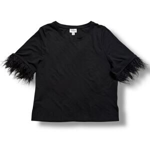 Forcynthia Black Feather Trim Short Sleeve Statement Top Women’s L